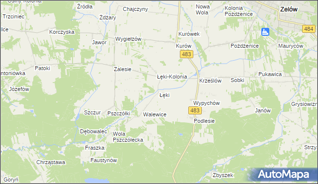 mapa Łęki gmina Zelów, Łęki gmina Zelów na mapie Targeo
