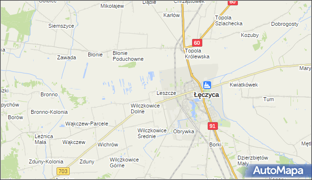 mapa Leszcze gmina Łęczyca, Leszcze gmina Łęczyca na mapie Targeo