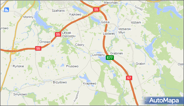 mapa Lichtajny gmina Ostróda, Lichtajny gmina Ostróda na mapie Targeo