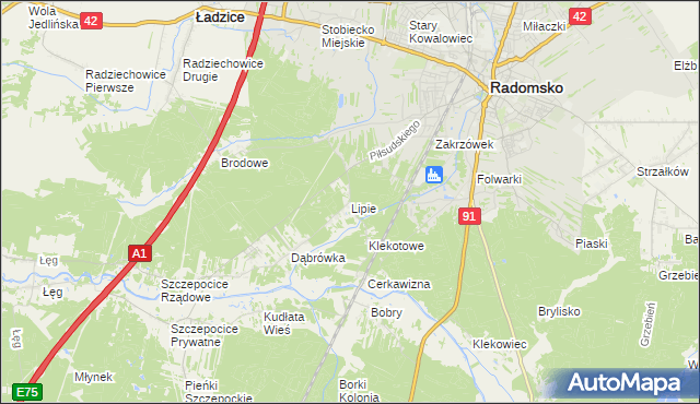 mapa Lipie gmina Radomsko, Lipie gmina Radomsko na mapie Targeo