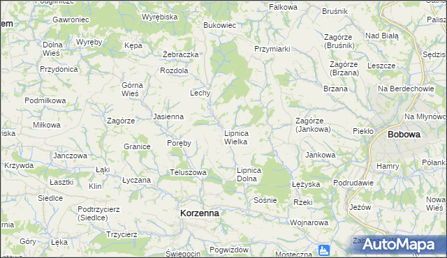 mapa Lipnica Wielka gmina Korzenna, Lipnica Wielka gmina Korzenna na mapie Targeo