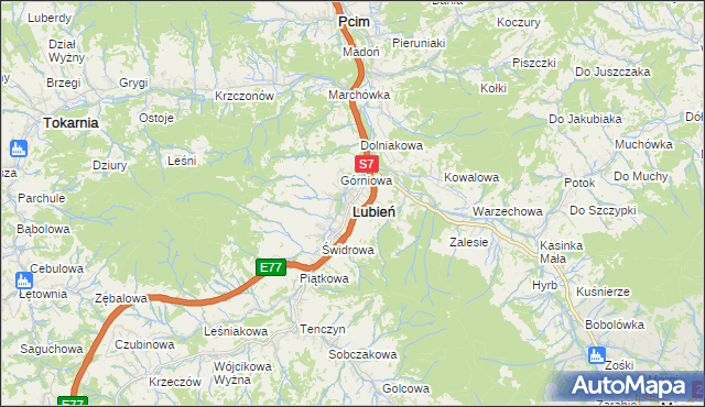 mapa Lubień powiat myślenicki, Lubień powiat myślenicki na mapie Targeo
