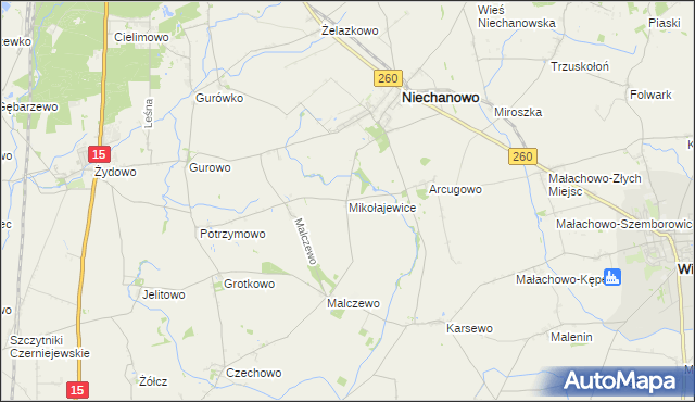 mapa Mikołajewice gmina Niechanowo, Mikołajewice gmina Niechanowo na mapie Targeo