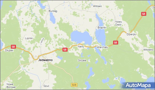 mapa Narty gmina Jedwabno, Narty gmina Jedwabno na mapie Targeo