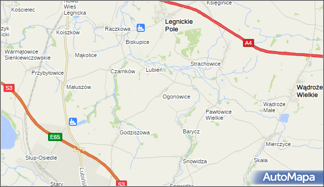 mapa Ogonowice gmina Legnickie Pole, Ogonowice gmina Legnickie Pole na mapie Targeo