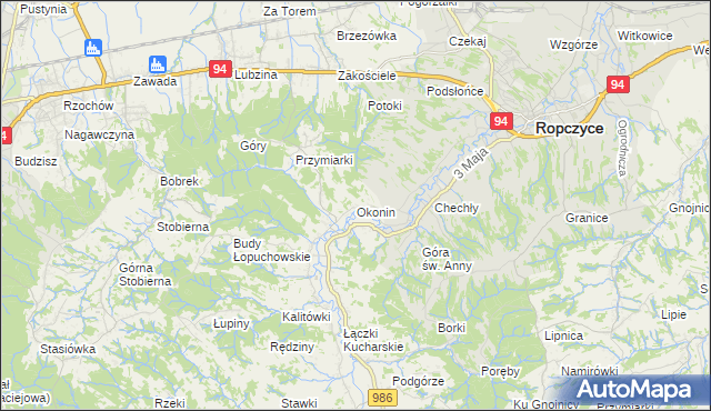 mapa Okonin gmina Ropczyce, Okonin gmina Ropczyce na mapie Targeo