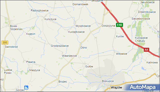 mapa Ośno gmina Wiązów, Ośno gmina Wiązów na mapie Targeo