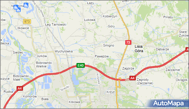 mapa Pawęzów gmina Lisia Góra, Pawęzów gmina Lisia Góra na mapie Targeo