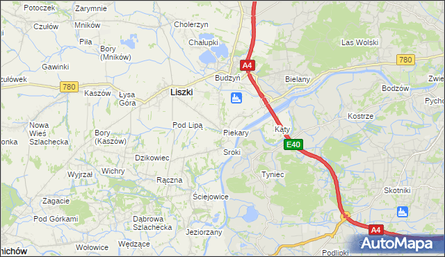 mapa Piekary gmina Liszki, Piekary gmina Liszki na mapie Targeo