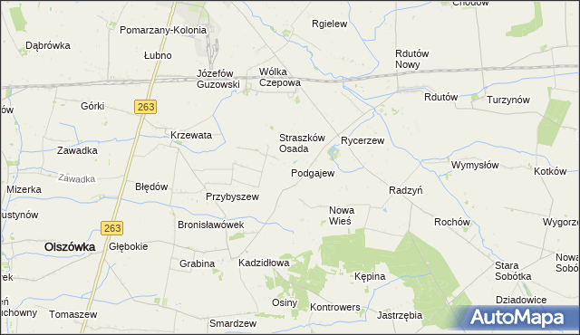 mapa Podgajew gmina Kłodawa, Podgajew gmina Kłodawa na mapie Targeo