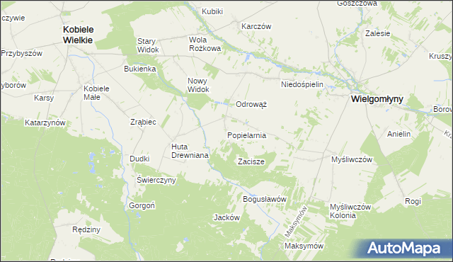 mapa Popielarnia gmina Wielgomłyny, Popielarnia gmina Wielgomłyny na mapie Targeo