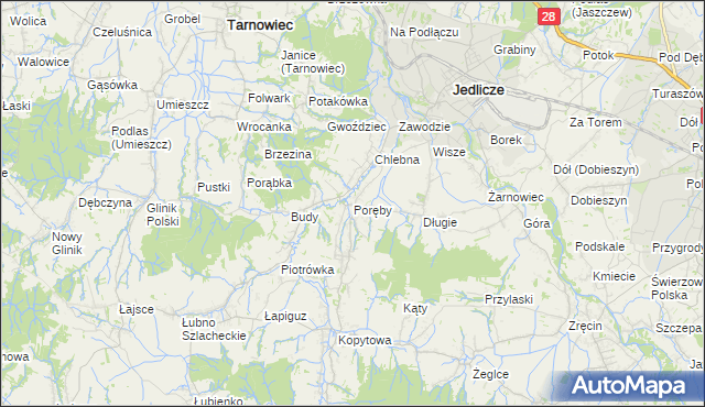 mapa Poręby gmina Jedlicze, Poręby gmina Jedlicze na mapie Targeo