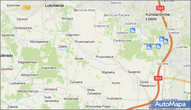 mapa Prusinowice gmina Lutomiersk, Prusinowice gmina Lutomiersk na mapie Targeo