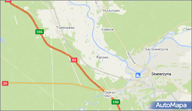 mapa Rakowo gmina Skwierzyna, Rakowo gmina Skwierzyna na mapie Targeo