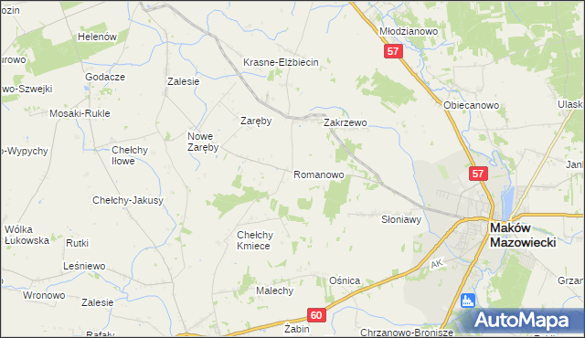 mapa Romanowo gmina Karniewo, Romanowo gmina Karniewo na mapie Targeo