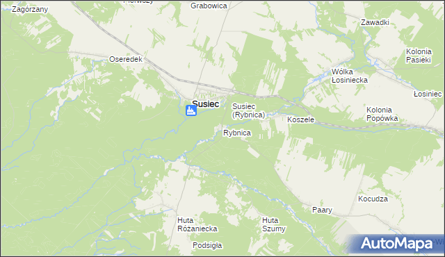 mapa Rybnica gmina Susiec, Rybnica gmina Susiec na mapie Targeo