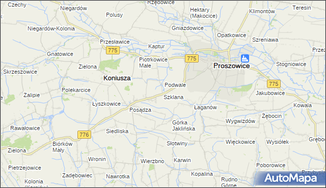 mapa Szklana gmina Proszowice, Szklana gmina Proszowice na mapie Targeo