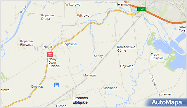 mapa Szopy gmina Gronowo Elbląskie, Szopy gmina Gronowo Elbląskie na mapie Targeo