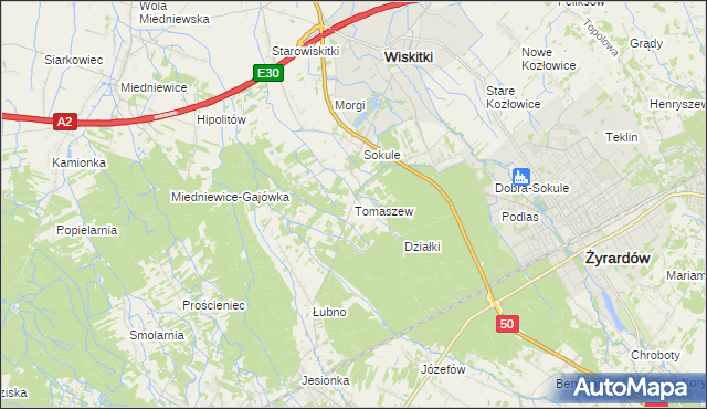 mapa Tomaszew gmina Wiskitki, Tomaszew gmina Wiskitki na mapie Targeo