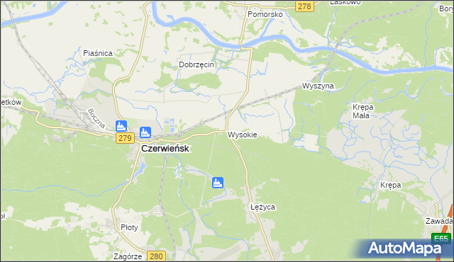 mapa Wysokie gmina Czerwieńsk, Wysokie gmina Czerwieńsk na mapie Targeo