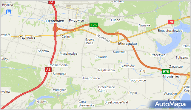 mapa Zawada gmina Mierzęcice, Zawada gmina Mierzęcice na mapie Targeo