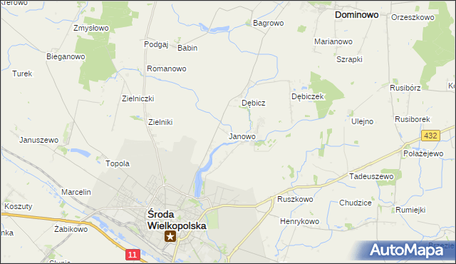 mapa Janowo gmina Środa Wielkopolska, Janowo gmina Środa Wielkopolska na mapie Targeo