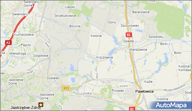 mapa Krzyżowice gmina Pawłowice, Krzyżowice gmina Pawłowice na mapie Targeo