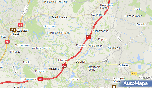 mapa Połomia gmina Mszana, Połomia gmina Mszana na mapie Targeo