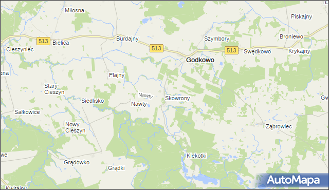 mapa Skowrony gmina Godkowo, Skowrony gmina Godkowo na mapie Targeo