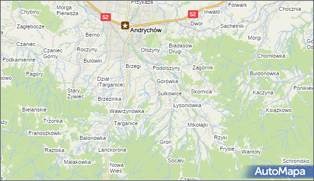 mapa Sułkowice gmina Andrychów, Sułkowice gmina Andrychów na mapie Targeo