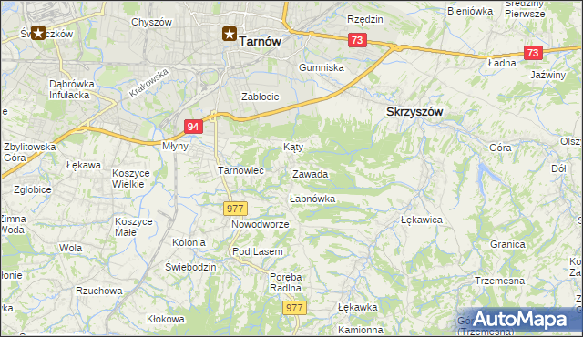 mapa Zawada gmina Tarnów, Zawada gmina Tarnów na mapie Targeo