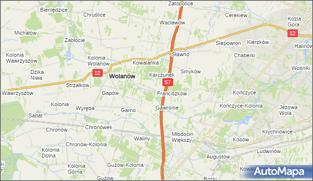 mapa Franciszków gmina Wolanów, Franciszków gmina Wolanów na mapie Targeo