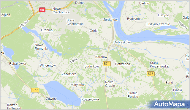 mapa Karolew gmina Gąbin, Karolew gmina Gąbin na mapie Targeo