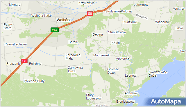 mapa Modrzewek gmina Wolbórz, Modrzewek gmina Wolbórz na mapie Targeo