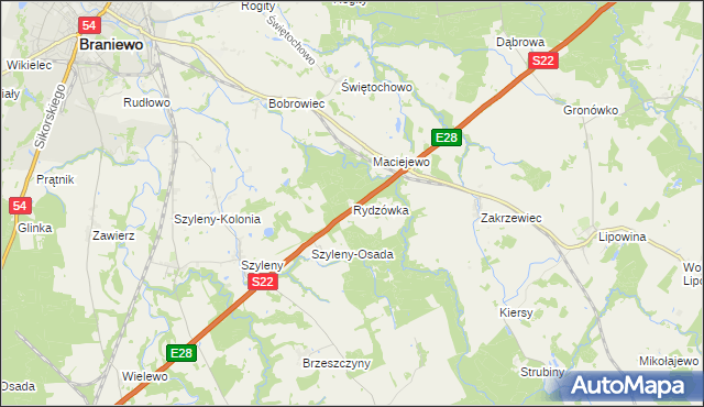 mapa Rydzówka gmina Braniewo, Rydzówka gmina Braniewo na mapie Targeo