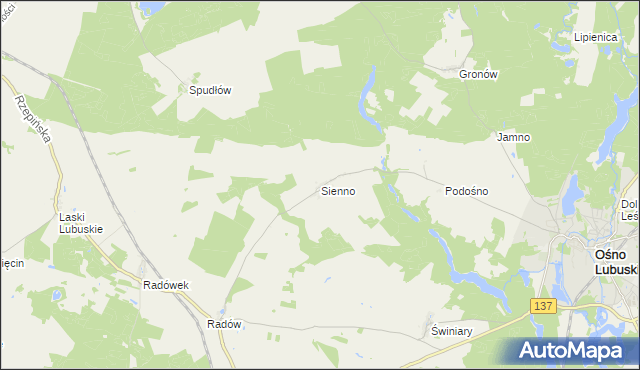 mapa Sienno gmina Ośno Lubuskie, Sienno gmina Ośno Lubuskie na mapie Targeo