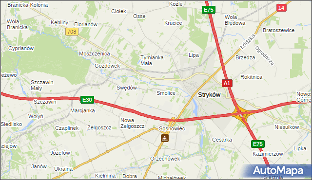 mapa Smolice gmina Stryków, Smolice gmina Stryków na mapie Targeo