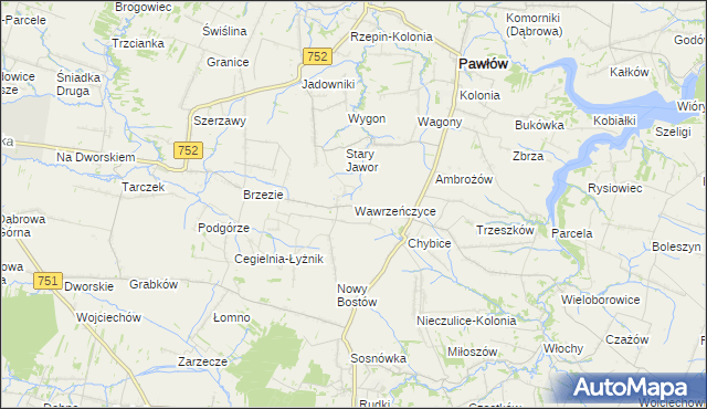 mapa Wawrzeńczyce gmina Pawłów, Wawrzeńczyce gmina Pawłów na mapie Targeo