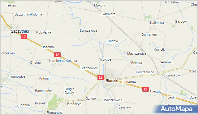 mapa Wójcice gmina Błaszki, Wójcice gmina Błaszki na mapie Targeo