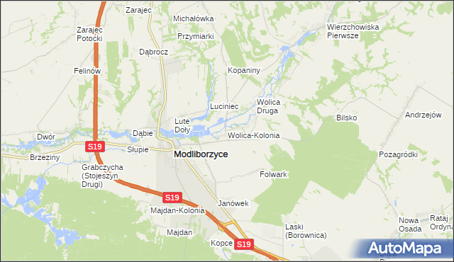 mapa Wolica-Kolonia gmina Modliborzyce, Wolica-Kolonia gmina Modliborzyce na mapie Targeo