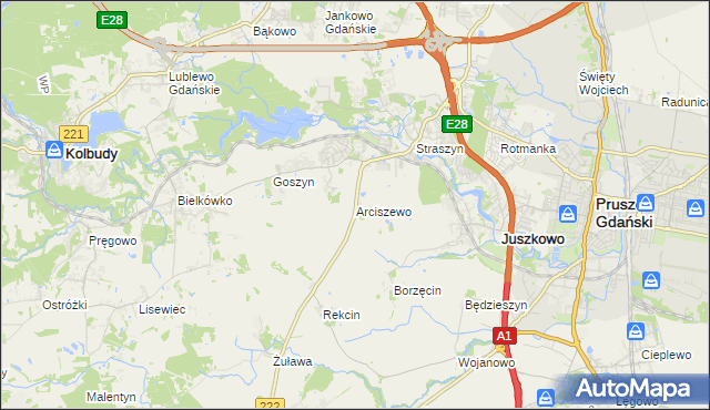 mapa Arciszewo gmina Pruszcz Gdański, Arciszewo gmina Pruszcz Gdański na mapie Targeo