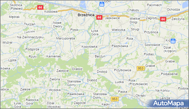 mapa Bęczyn gmina Brzeźnica, Bęczyn gmina Brzeźnica na mapie Targeo