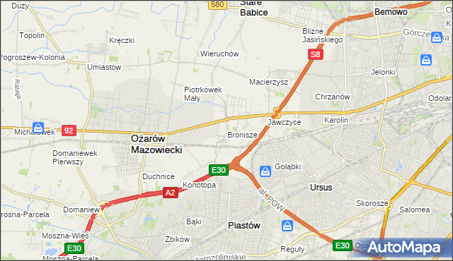 mapa Bronisze gmina Ożarów Mazowiecki, Bronisze gmina Ożarów Mazowiecki na mapie Targeo
