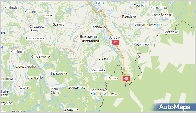 mapa Brzegi gmina Bukowina Tatrzańska, Brzegi gmina Bukowina Tatrzańska na mapie Targeo