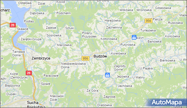 mapa Budzów powiat suski, Budzów powiat suski na mapie Targeo