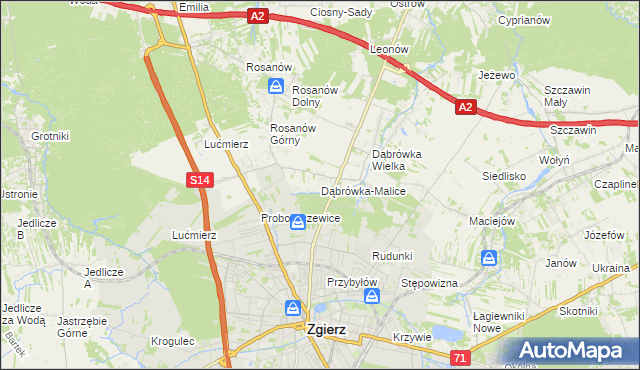 mapa Dąbrówka-Malice, Dąbrówka-Malice na mapie Targeo