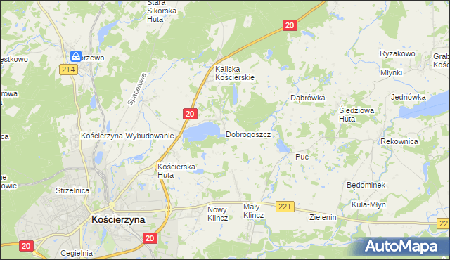 mapa Dobrogoszcz gmina Kościerzyna, Dobrogoszcz gmina Kościerzyna na mapie Targeo