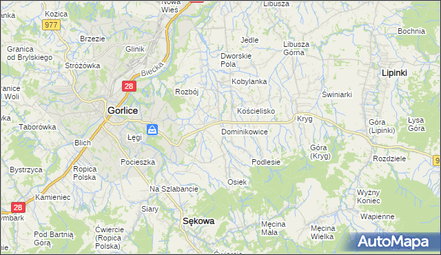 mapa Dominikowice gmina Gorlice, Dominikowice gmina Gorlice na mapie Targeo