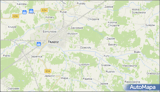 mapa Dzięcioły gmina Tłuszcz, Dzięcioły gmina Tłuszcz na mapie Targeo