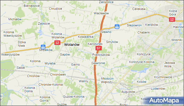 mapa Franciszków gmina Wolanów, Franciszków gmina Wolanów na mapie Targeo